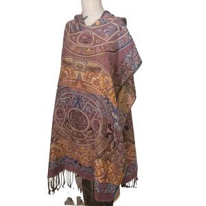 Mexican Medium poncho Aztec calendar rebozo lightweight tight knit hoodie fringe